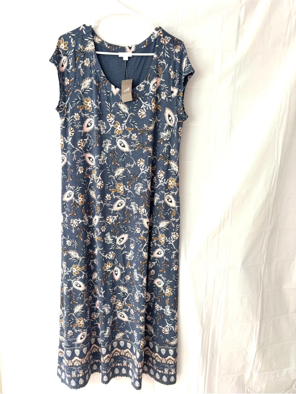 NWT J. Jill Navy Pink Floral Inspiration Maxi Dress tan Motif SZ M